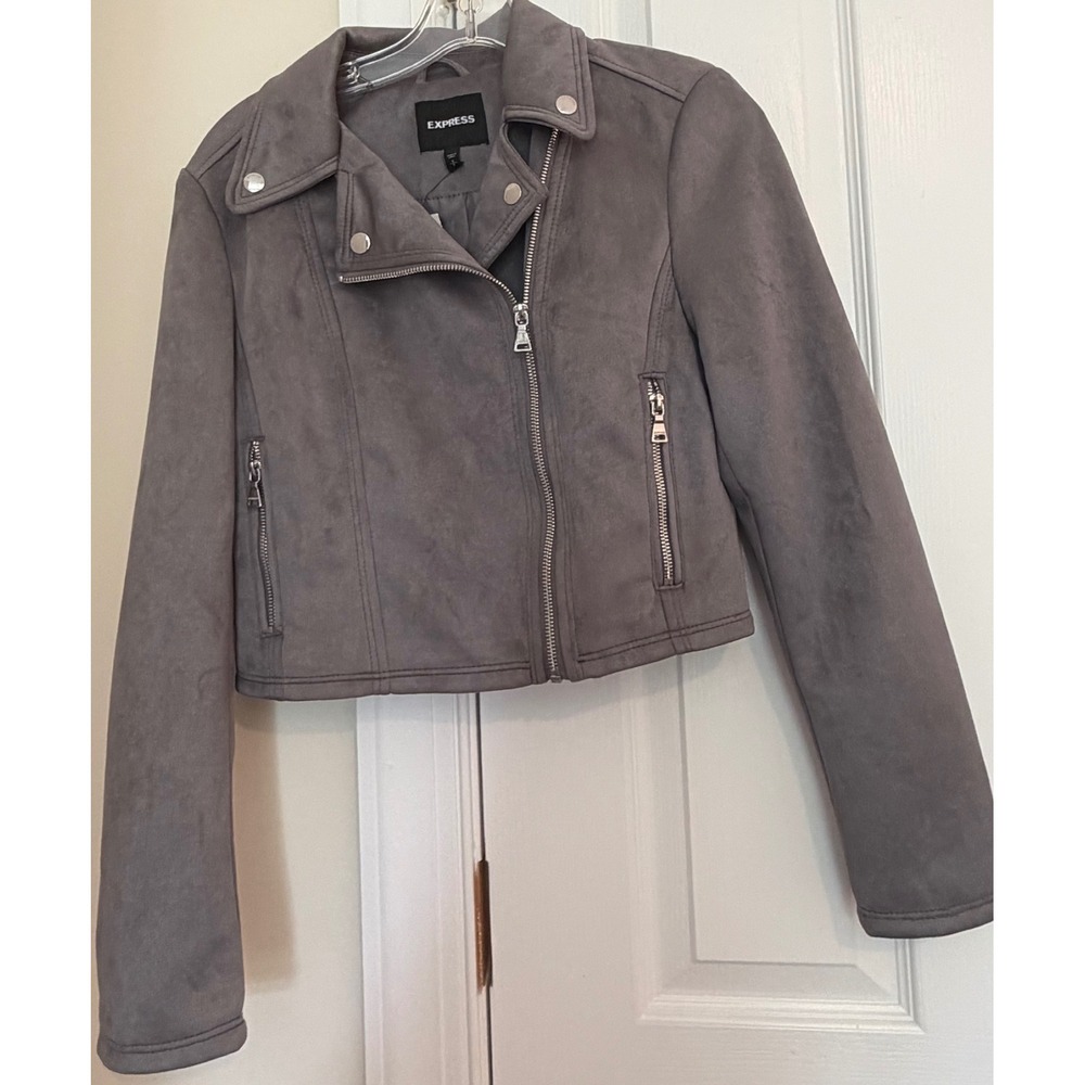 Express Womens Gray Faux Suede Moto Jacket Cropped Vegan Leather Biker Small NWT